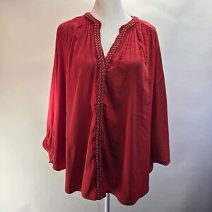 Chico’s Red Braided Batwing Blouse. Size 16 NWT